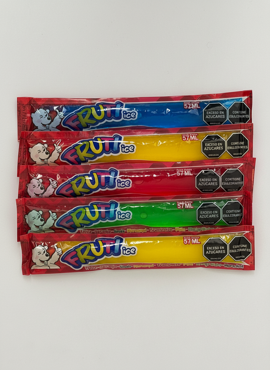 Fruti Ice sabor mango escarchado con gotas de condensación, textura de hielo brillante y colores vibrantes de fruta fresca