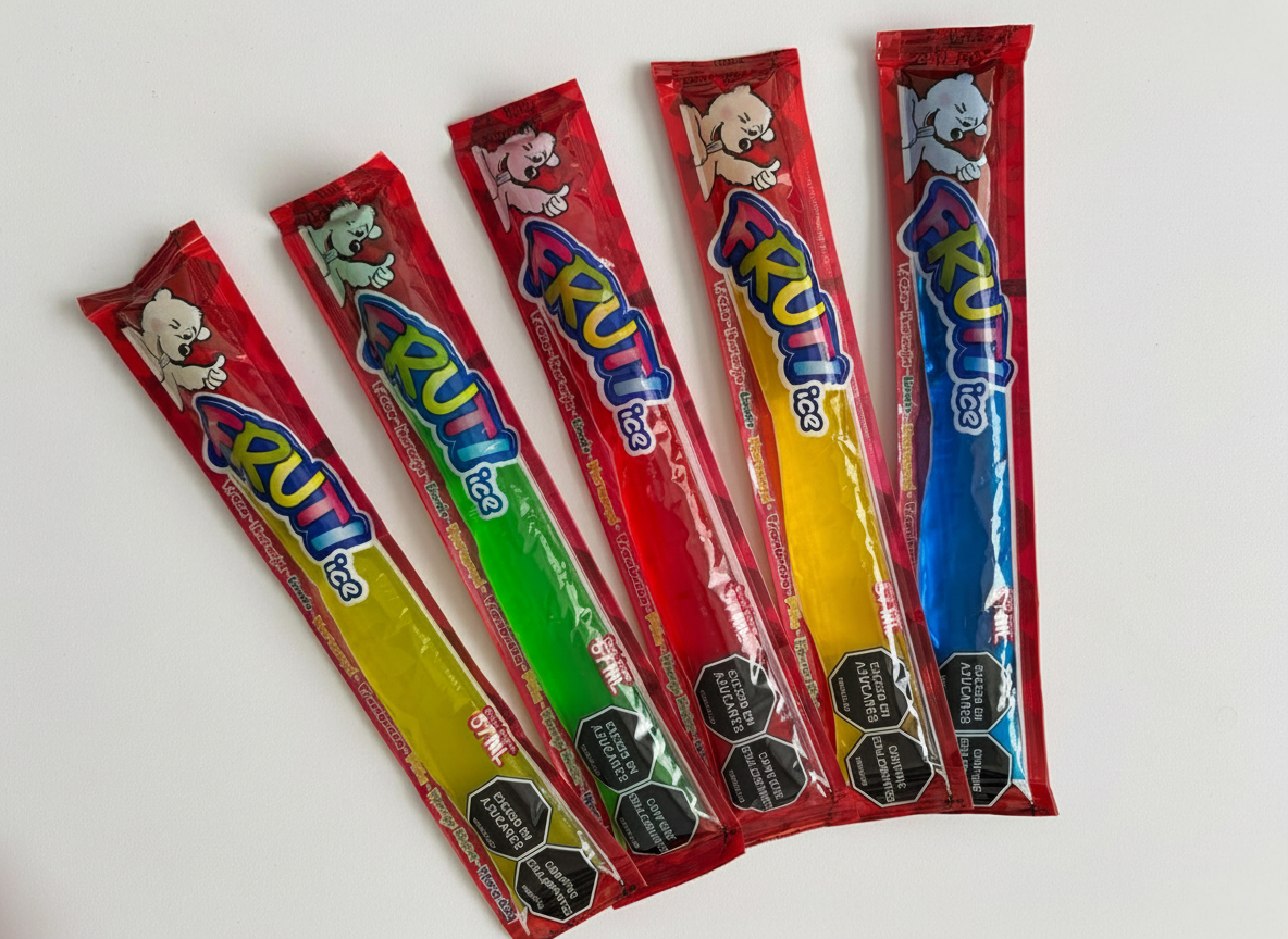 Fruti Ice sabor fresa escarchado con gotas de condensación, textura de hielo brillante y colores vibrantes de fruta fresca