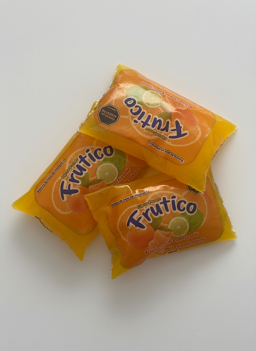 Frutico sabor piña escarchado con gotas de condensación, textura de hielo brillante y colores vibrantes de fruta fresca